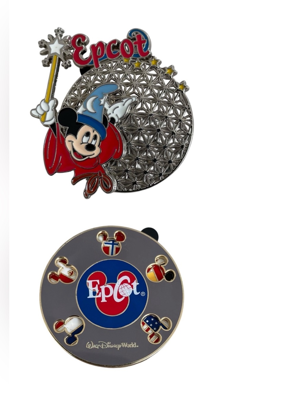 Disney Pins Set of 2 Epcot Ball World Flags Spinner Fantasia Mickey Ears Spinner